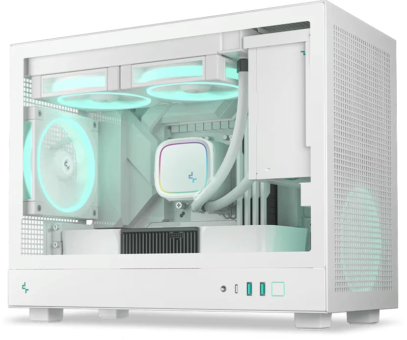 White Mini Gaming PC: AMD Ryzen 7 9800X3D + ASUS DUAL RTX 5060 Ti OC Edition 16GB GDDR7, 32GB DDR5 6000MHz RGB, 1TB NVMe SSD, 240mm DeepCool ARGB AIO, 750W 80+ Gold PSU, DeepCool CH160 PLUS Portable ITX Case