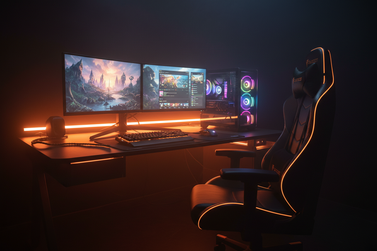 Gaming Computer Set up, with table and chair, dark background with orange light