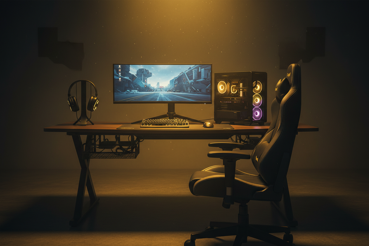 gaming set up with complete table and chair dark background, yellow lights